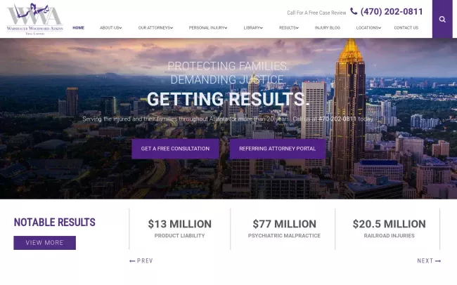 Screenshot of the Warshauer Woodward Atkins, LLC, Personal Injury Trial Lawyers Website