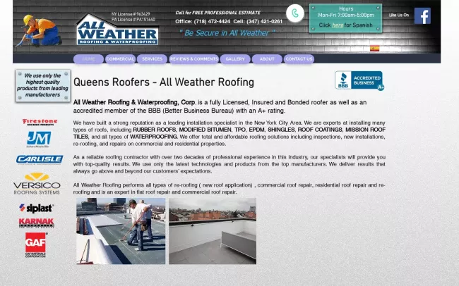 Screenshot of the All Weather Roofing & Waterproofing Corp Website