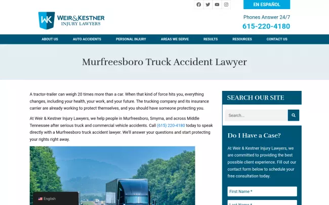 Screenshot of the Weir & Kestner-Murfreesboro Truck Accident Lawyer Website