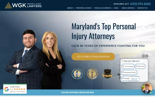 Screenshot of the WGK Personal Injury Lawyers - Baltimore Office Website