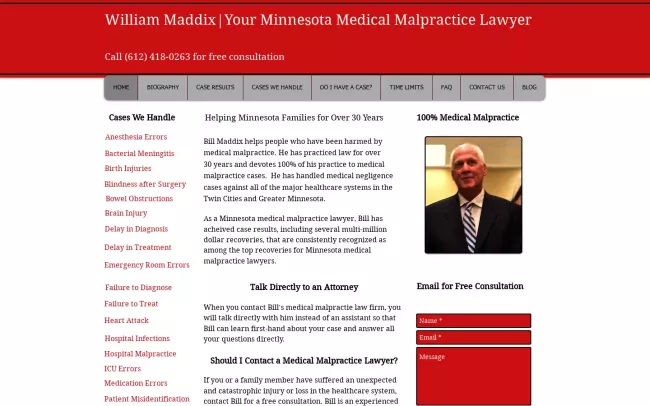 Screenshot of the William Maddix, Your Minnesota Medical Malpractice Lawyer Website
