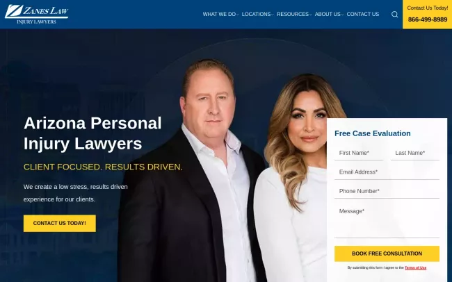 Screenshot of the Zanes Law Injury Lawyers Website