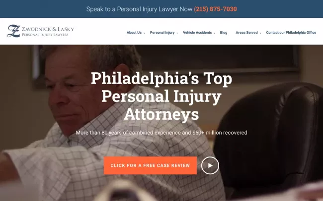 Screenshot of the Zavodnick & Lasky Personal Injury Lawyers Philadelphia Website