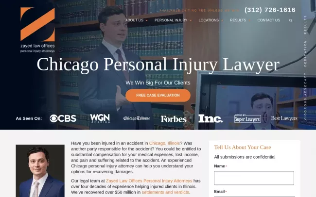 Screenshot of the Zayed Law Offices Personal Injury Attorneys Joliet Website