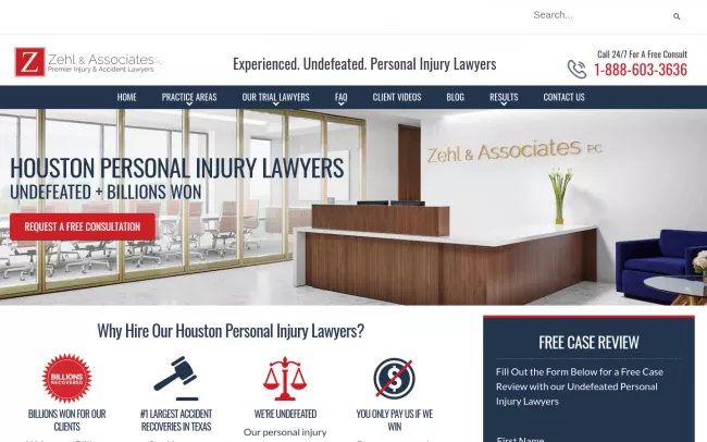 Screenshot of the Zehl & Associates Injury & Accident Lawyers - Houston Website
