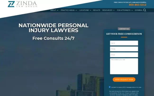 Screenshot of the Zinda Law Group Website